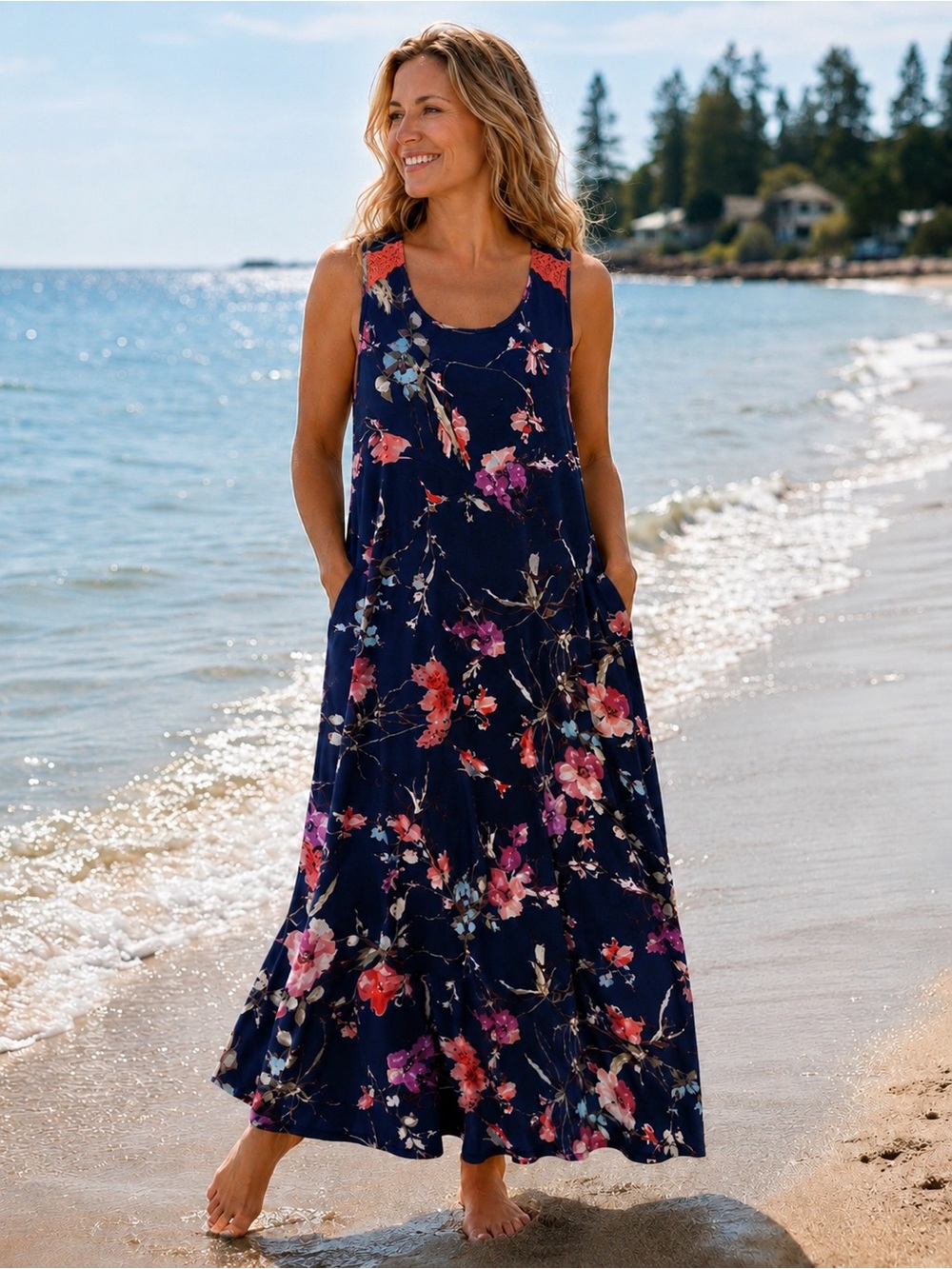 World Unity Size XXL Navy Floral Maxi Dress with Coral Crochet Shoulder Detail